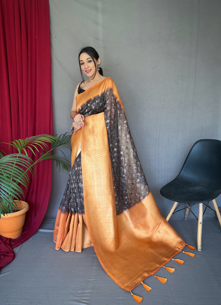 Buy Peach Italian Designer Crepe Saree Online At DVM – Devi Muthukumar