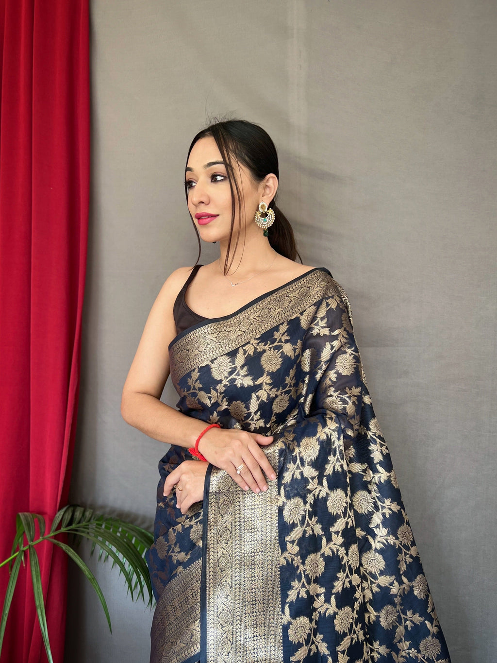 Navy Blue Jhalak Cotton Linen Jaal Woven Saree Clothsvilla