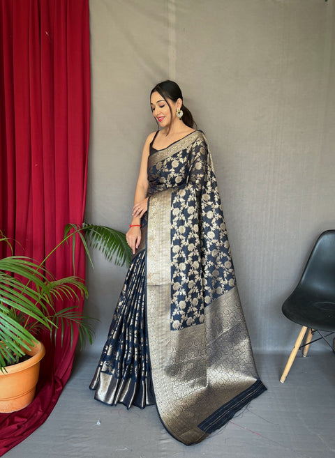 Navy Blue Jhalak Cotton Linen Jaal Woven Saree Clothsvilla Main image