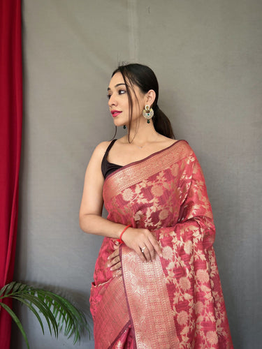 Indian Red Jhalak Cotton Linen Jaal Woven Saree Clothsvilla