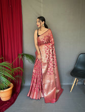 Load image into Gallery viewer, Indian Red Jhalak Cotton Linen Jaal Woven Saree Clothsvilla