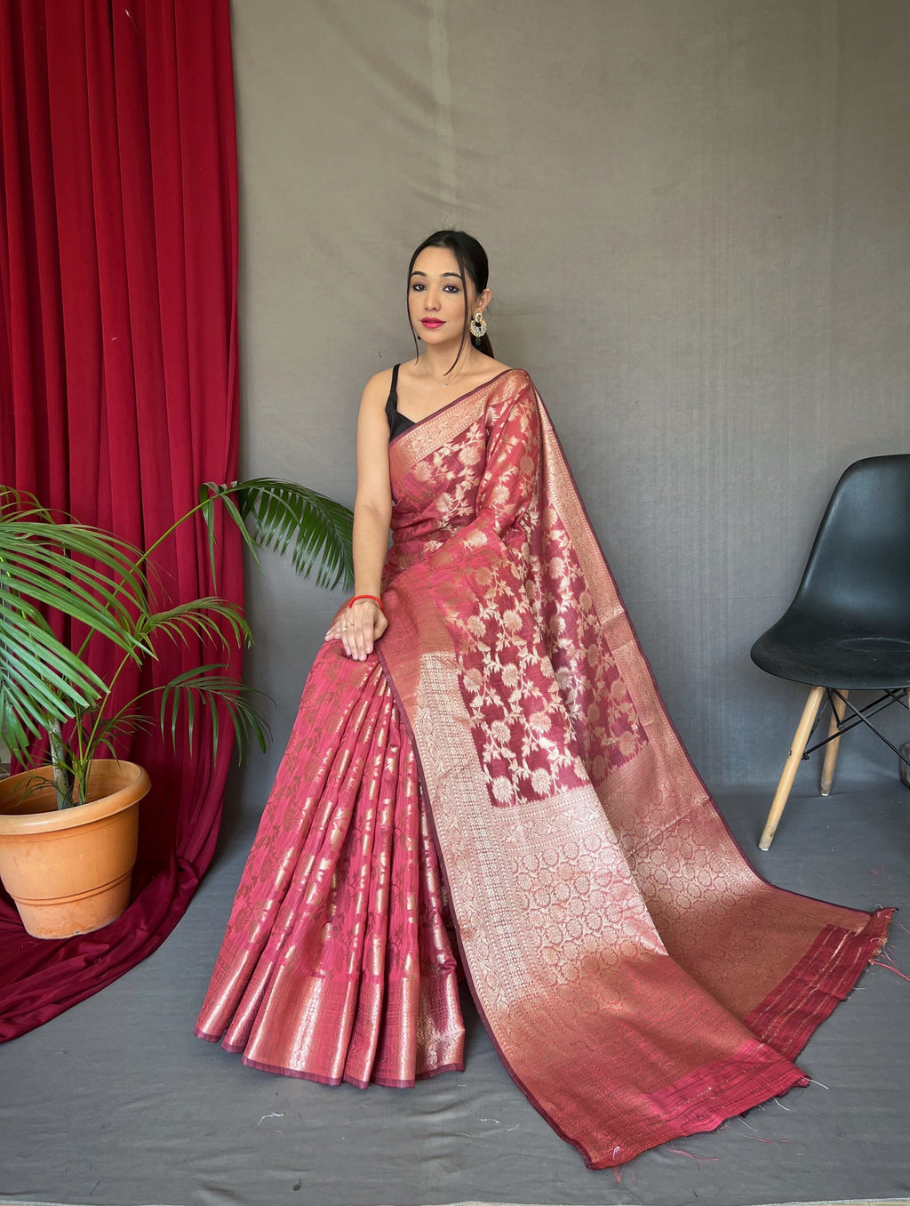 Indian Red Jhalak Cotton Linen Jaal Woven Saree Clothsvilla