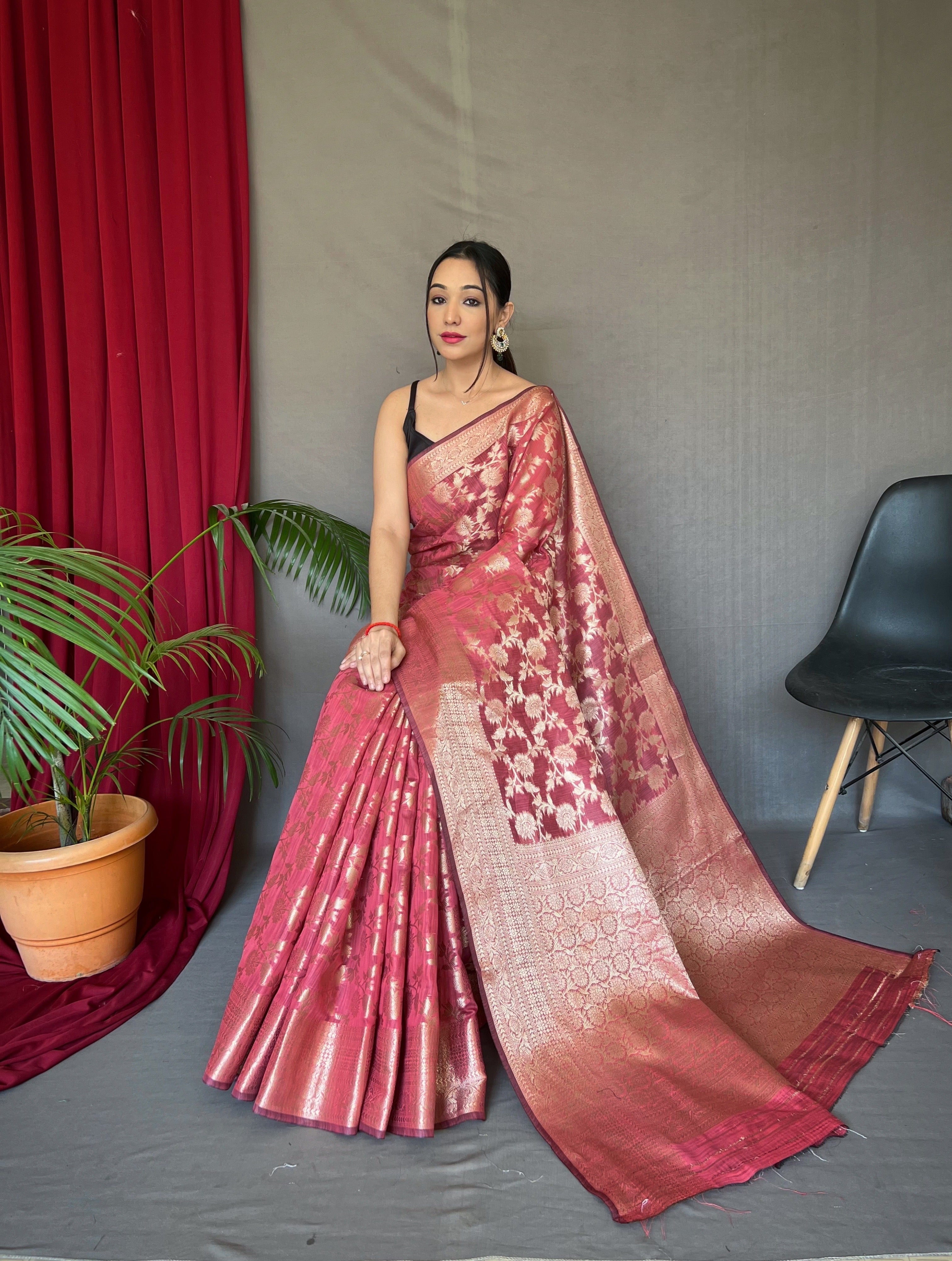 Indian Red Jhalak Cotton Linen Jaal Woven Saree Clothsvilla
