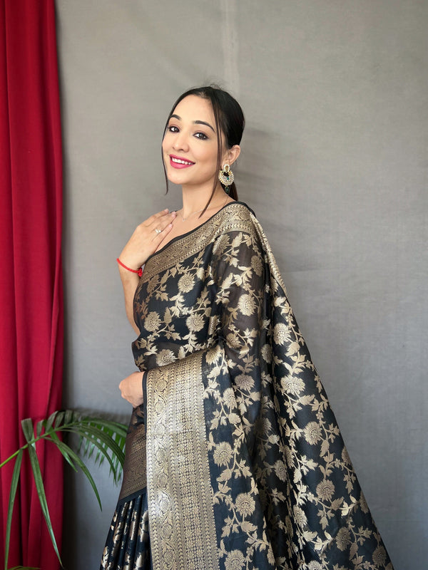 Black Jhalak Cotton Linen Jaal Woven Saree Clothsvilla