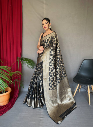 Black Jhalak Cotton Linen Jaal Woven Saree Clothsvilla
