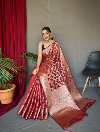 Maroon Jhalak Cotton Linen Jaal Woven Saree Clothsvilla