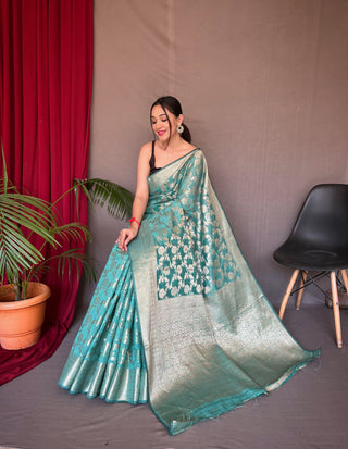 Sea Green Jhalak Cotton Linen Jaal Woven Saree Clothsvilla