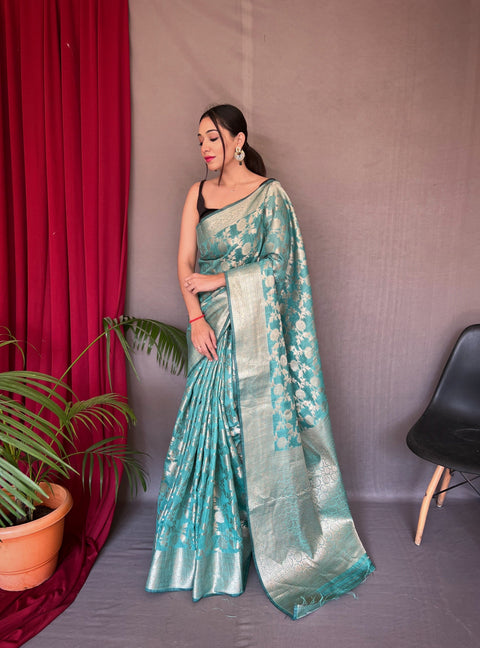 Sea Green Jhalak Cotton Linen Jaal Woven Saree Clothsvilla Main image