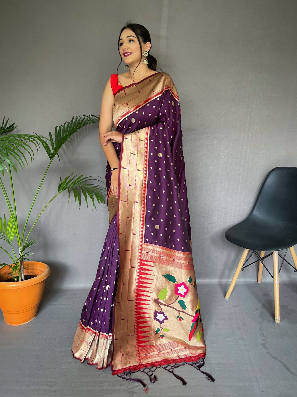 Polka Paithani Silk Woven Saree Grape Purple Clothsvilla Main image