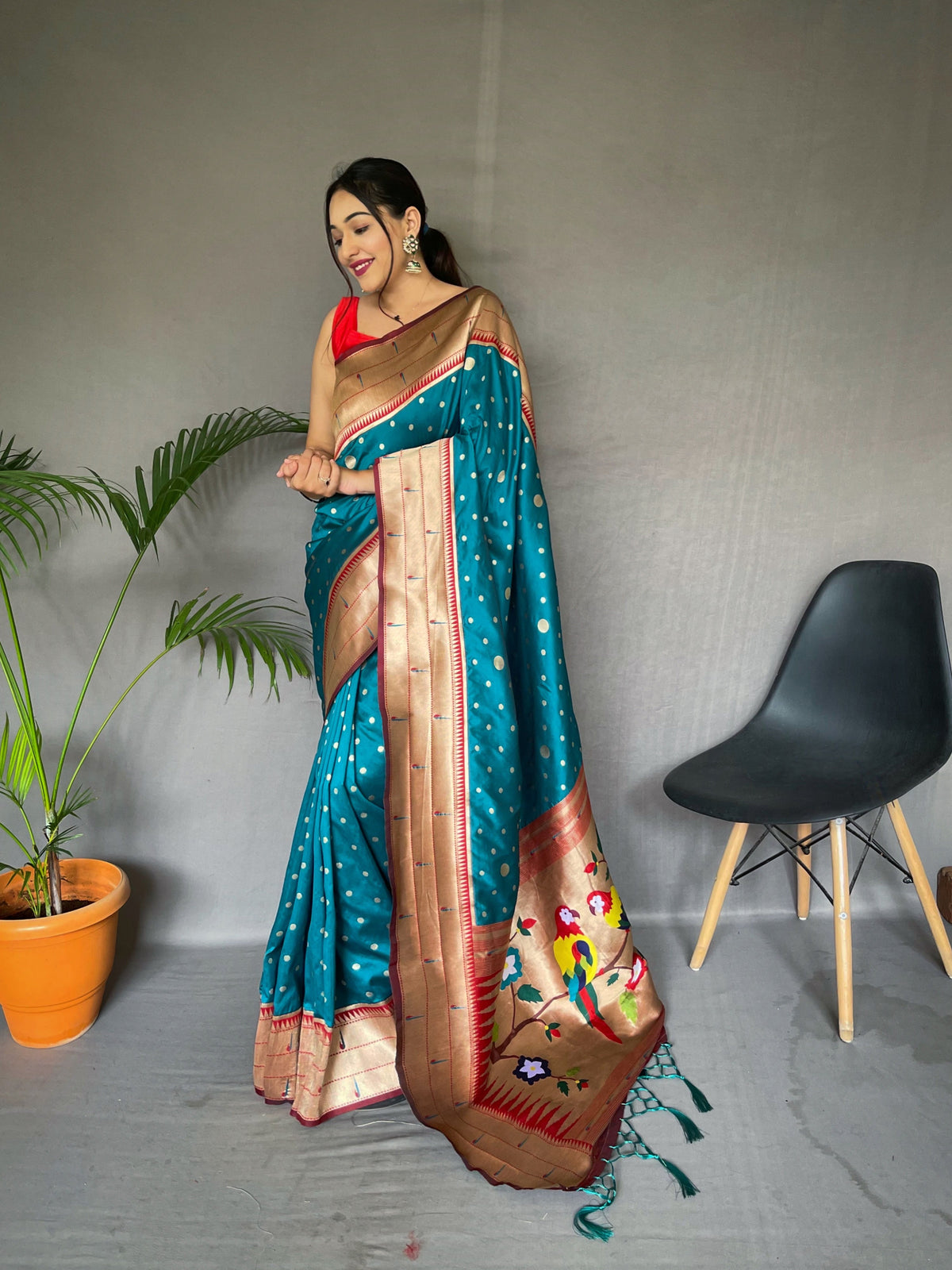 Polka Paithani Silk Woven Saree Teal Blue Clothsvilla Main image