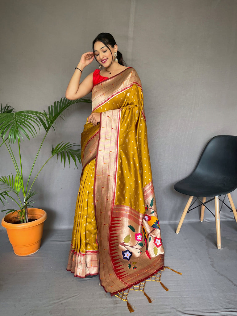 Polka Paithani Silk Woven Saree Orange Gold Clothsvilla