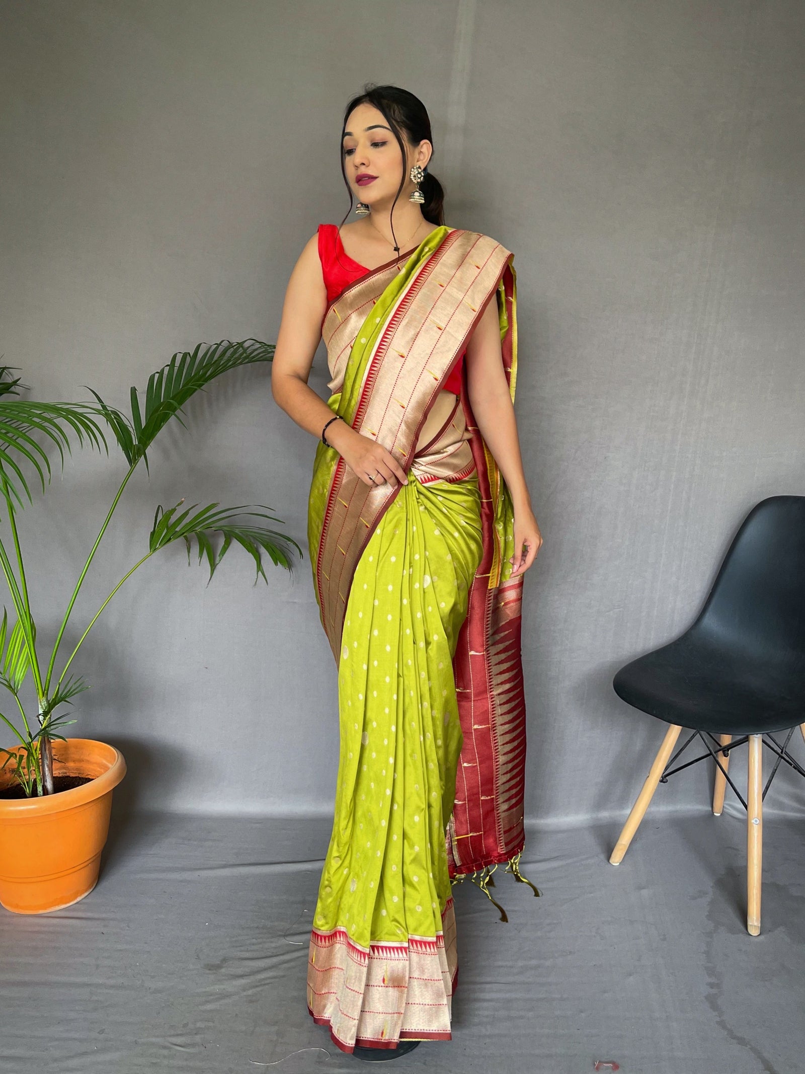 Polka Paithani Silk Woven Saree Lemon Ginger Clothsvilla