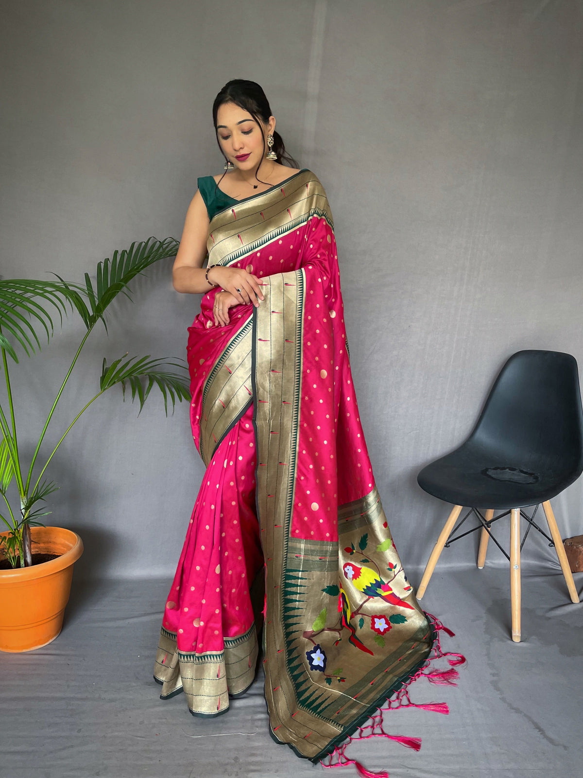 Polka Paithani Silk Woven Saree Raspberry Pink Clothsvilla Main image