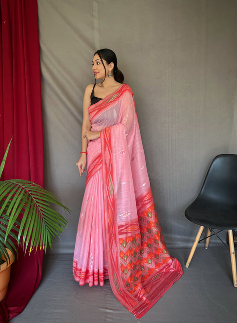 Pink Cotton Ikat Woven Saree Clothsvilla Main image