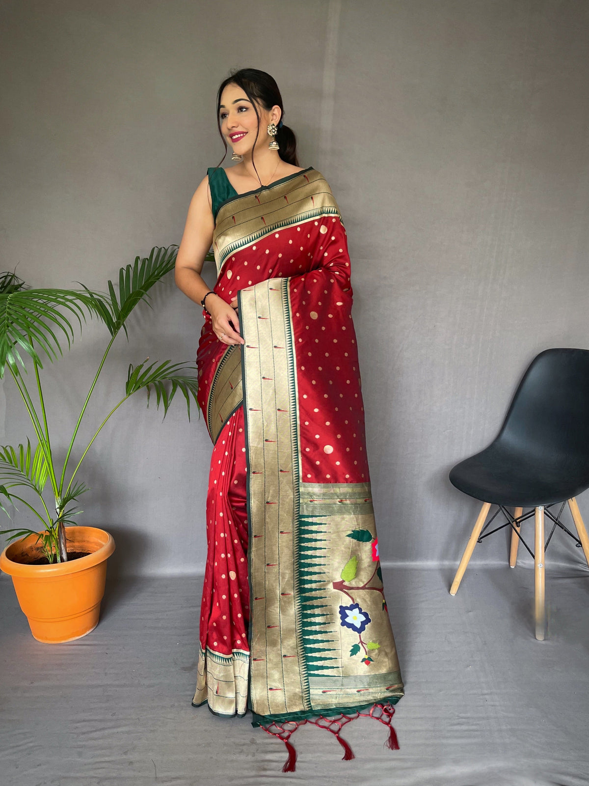 Polka Paithani Silk Woven Saree Maroon Clothsvilla Main image
