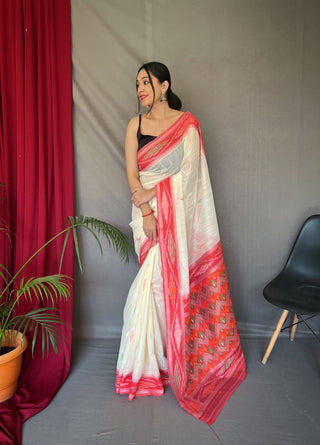 White Cotton Ikat Woven Saree Clothsvilla