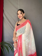 Load image into Gallery viewer, White Cotton Ikat Woven Saree Clothsvilla