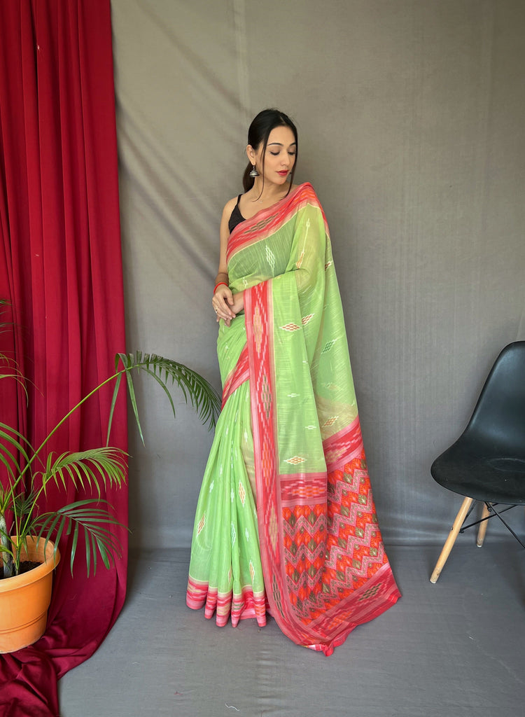 Green Cotton Ikat Woven Saree Clothsvilla