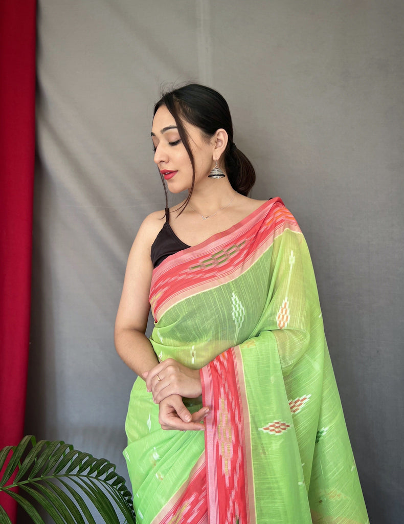 Green Cotton Ikat Woven Saree Clothsvilla