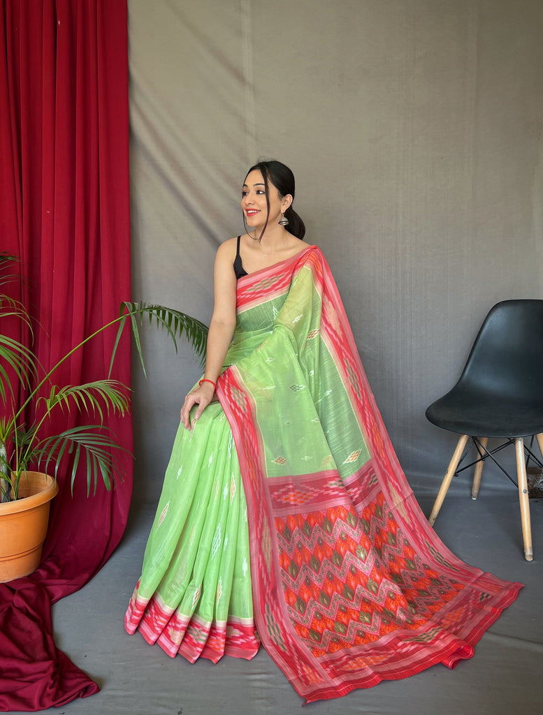 Green Cotton Ikat Woven Saree Clothsvilla