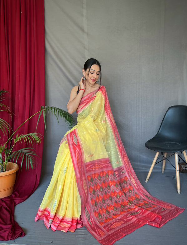 Yellow Cotton Ikat Woven Saree Clothsvilla