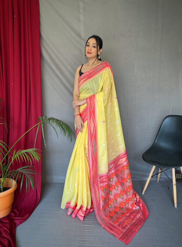 Yellow Cotton Ikat Woven Saree Clothsvilla
