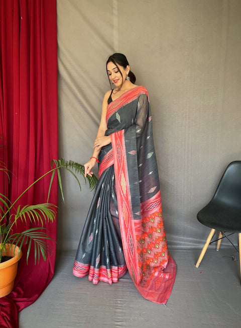 Charcoal Black Cotton Ikat Woven Saree Clothsvilla Main image