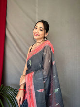 Load image into Gallery viewer, Charcoal Black Cotton Ikat Woven Saree Clothsvilla