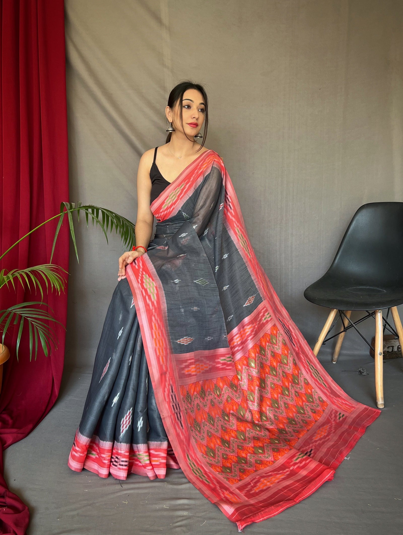 Charcoal Black Cotton Ikat Woven Saree Clothsvilla