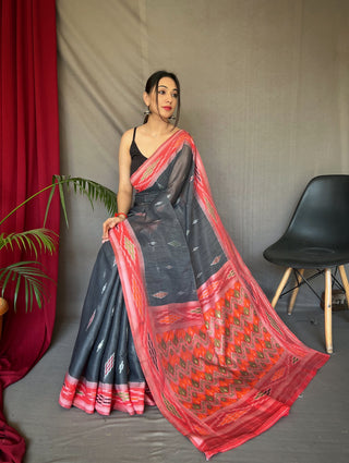 Charcoal Black Cotton Ikat Woven Saree Clothsvilla