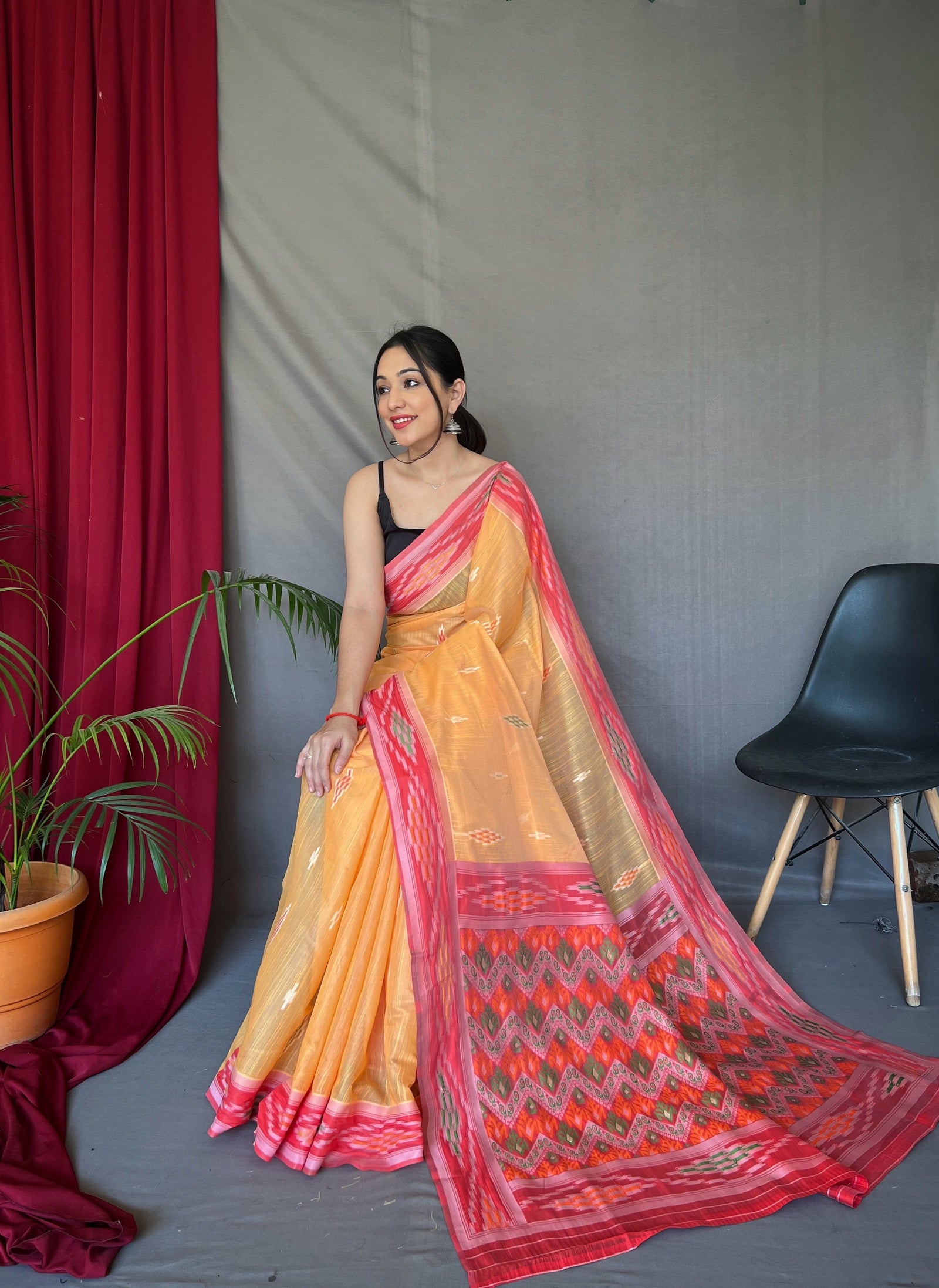 Orange Cotton Ikat Woven Saree Clothsvilla