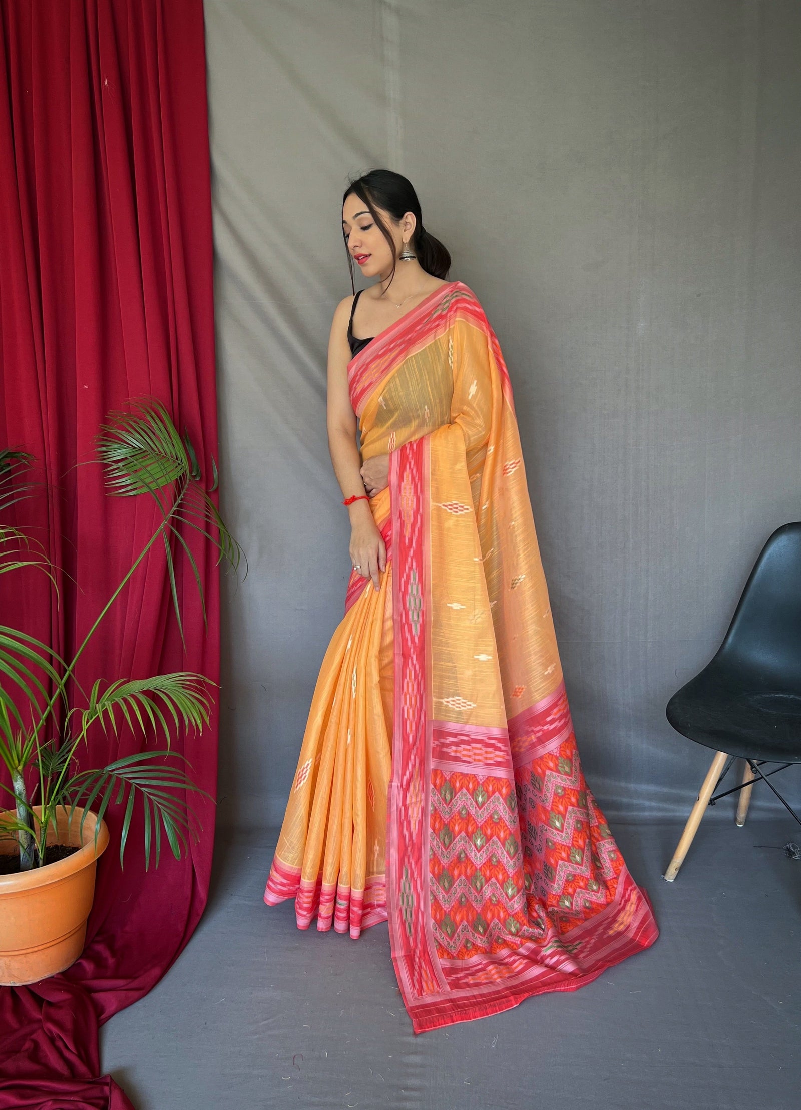 Orange Cotton Ikat Woven Saree Clothsvilla