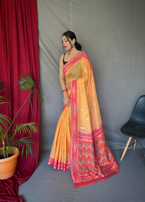 Orange Cotton Ikat Woven Saree Clothsvilla Main image
