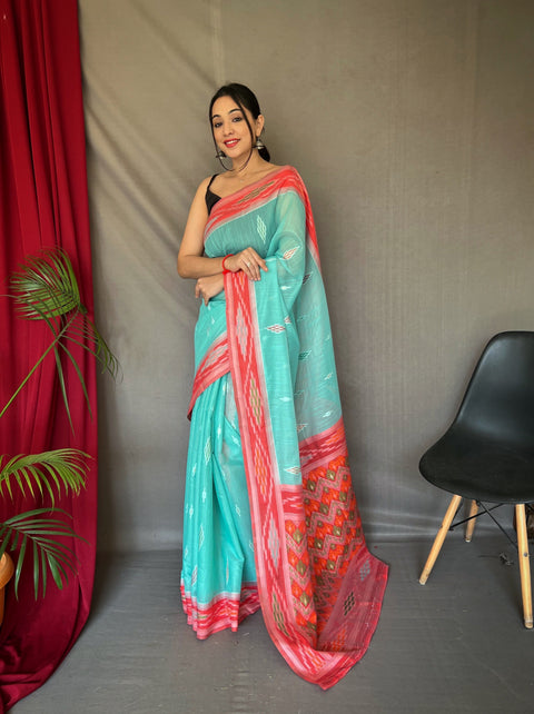 Blue Cotton Ikat Woven Saree Clothsvilla Main image