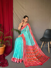 Load image into Gallery viewer, Blue Cotton Ikat Woven Saree Clothsvilla
