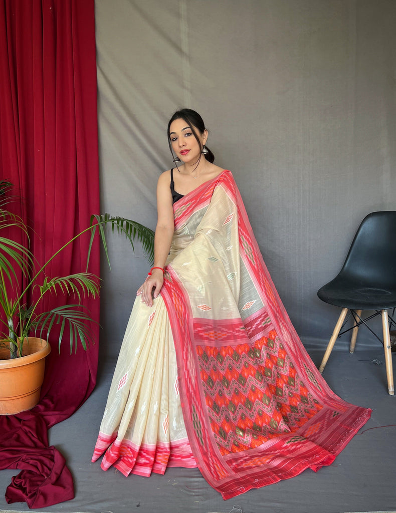 Ivory Cotton Ikat Woven Saree Clothsvilla