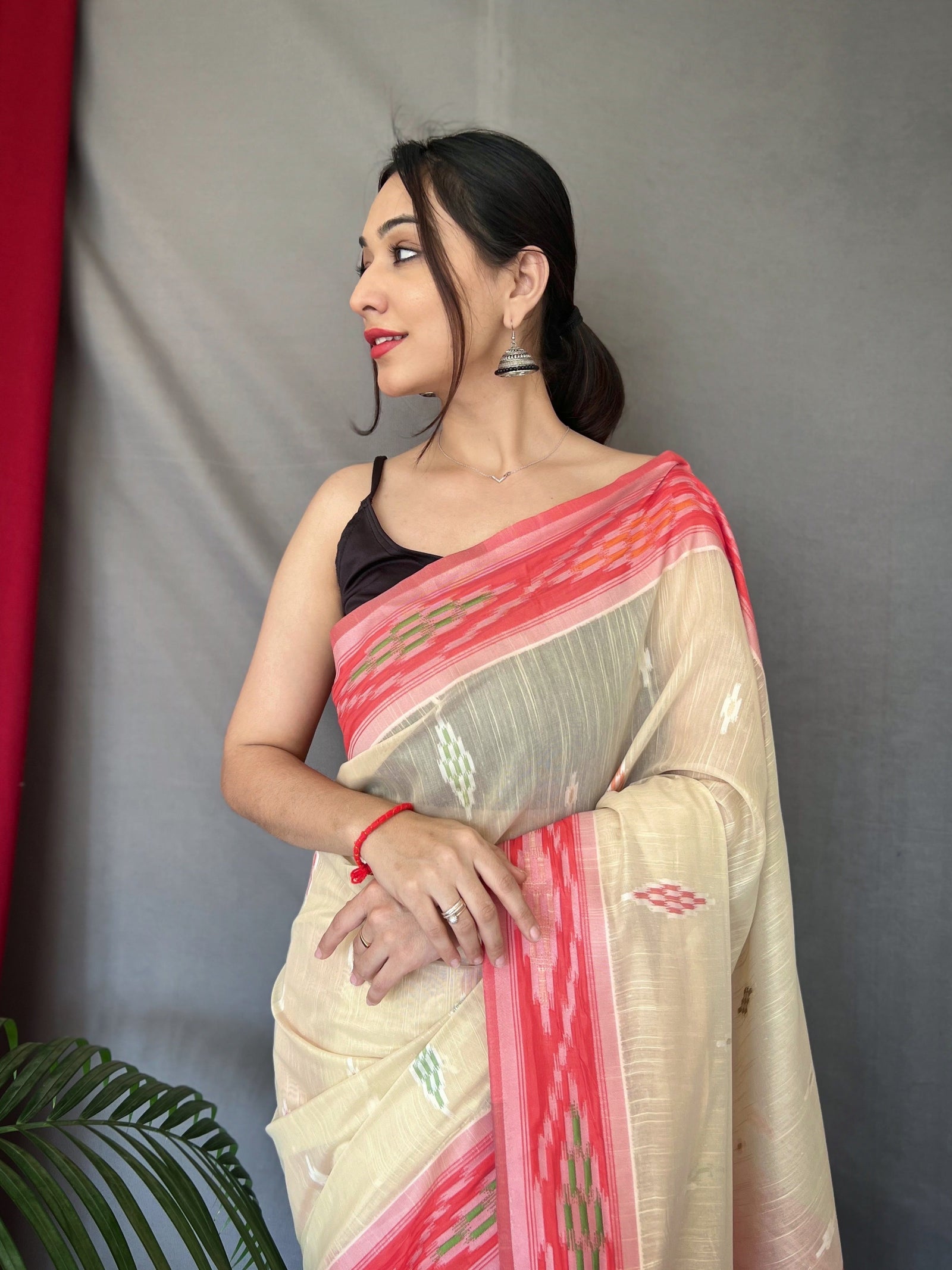 Ivory Cotton Ikat Woven Saree Clothsvilla
