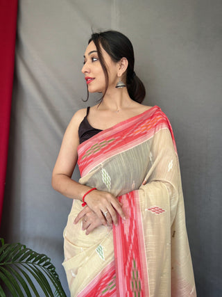 Ivory Cotton Ikat Woven Saree Clothsvilla