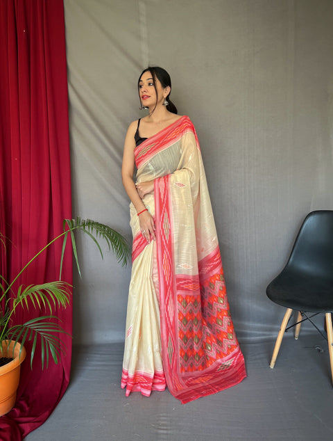 Ivory Cotton Ikat Woven Saree Clothsvilla Main image