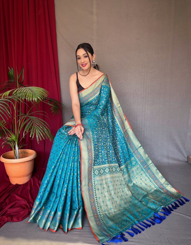 Cyan Blue Rajkoti Patola Silk Woven Saree Clothsvilla
