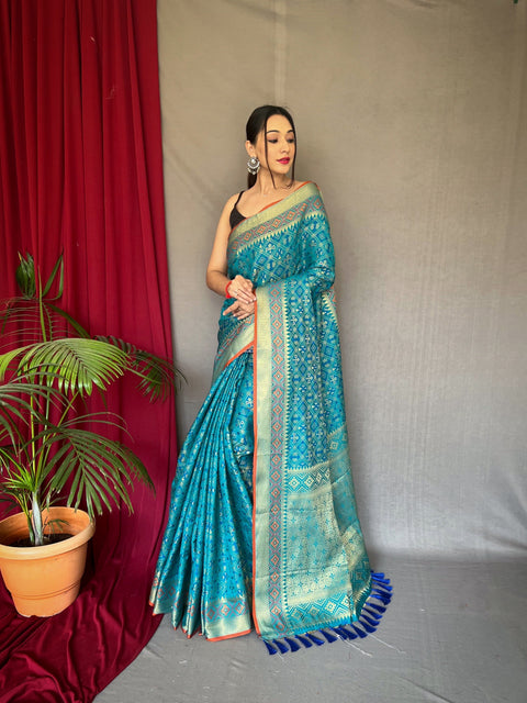 Cyan Blue Rajkoti Patola Silk Woven Saree Clothsvilla Main image