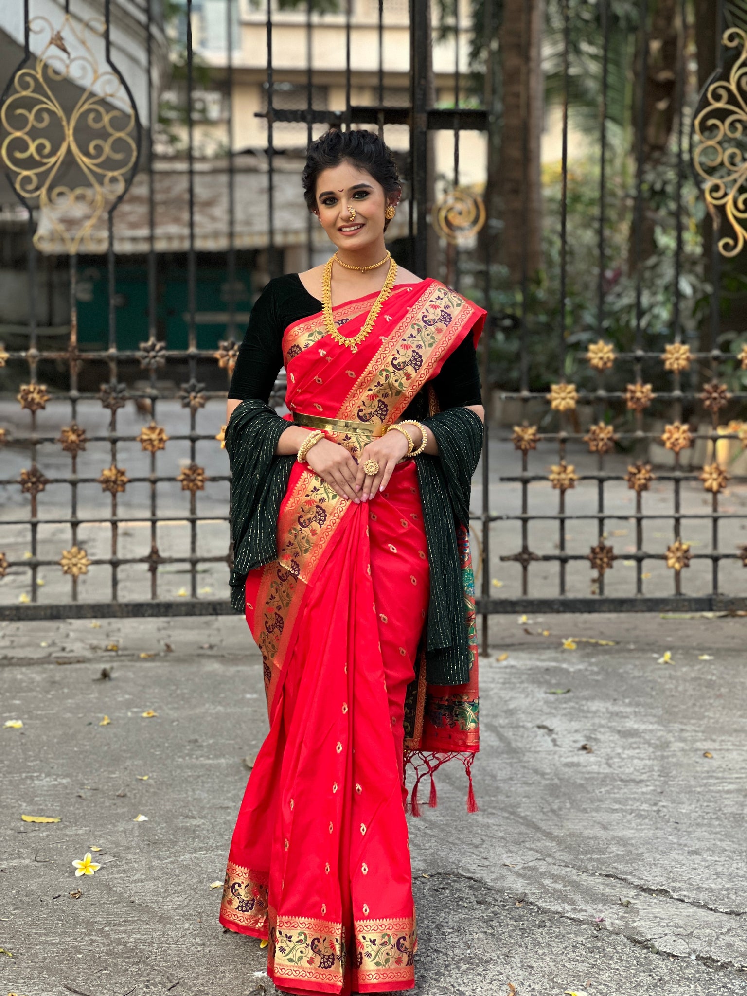 Red Saree in Paithani Silk for Wedding - Clothsvilla