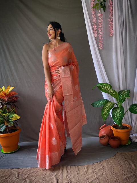 Linen Silver Zari Woven Saree Peach Clothsvilla Main image