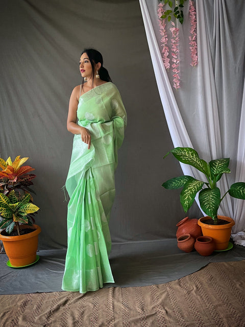 Linen Silver Zari Woven Saree Pista Green Clothsvilla Main image