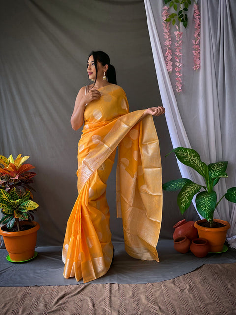 Linen Silver Zari Woven Saree Orange Clothsvilla Main image