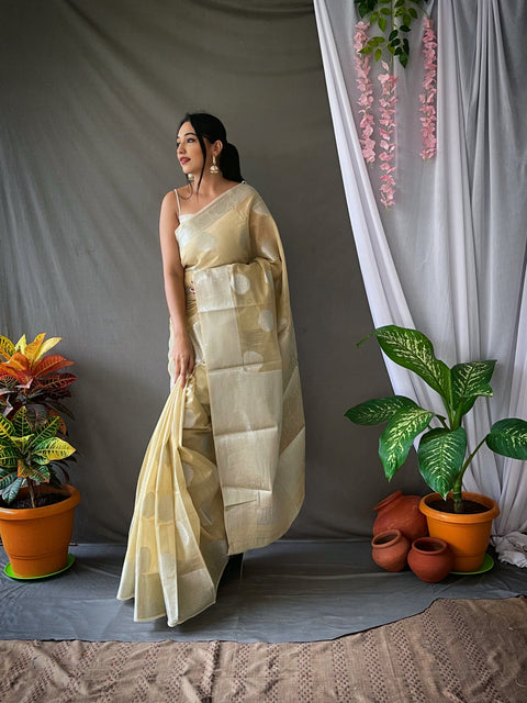 Linen Silver Zari Woven Saree Chickoo Clothsvilla Main image