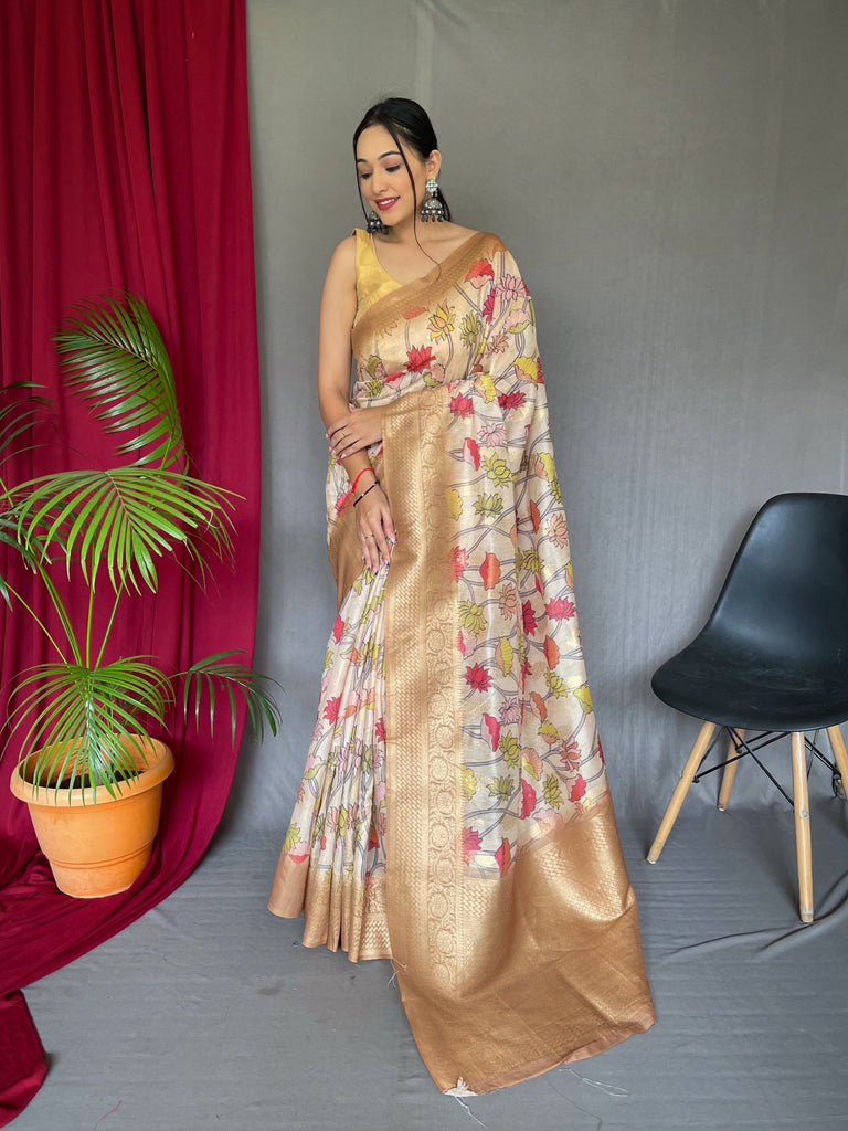 Banarasi Silk Woven Saree with Kalamkari Prints Cream Clothsvilla
