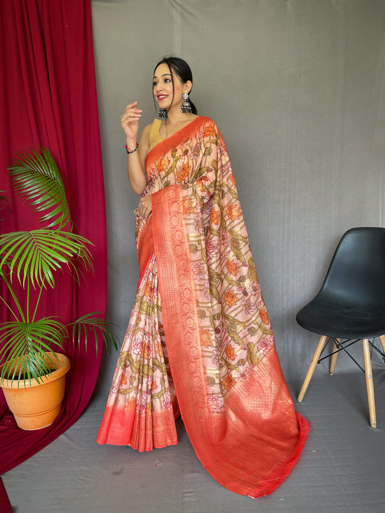 Banarasi Silk Woven Saree with Kalamkari Prints Peachy Pink Clothsvilla