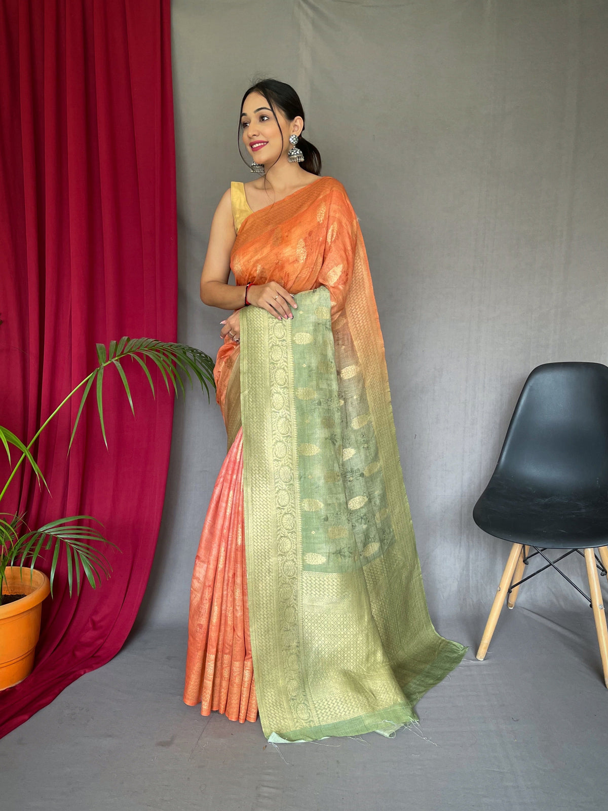 Orange Green Banarasi Silk Dual Tone Woven Saree with Self Prints Clothsvilla Main image