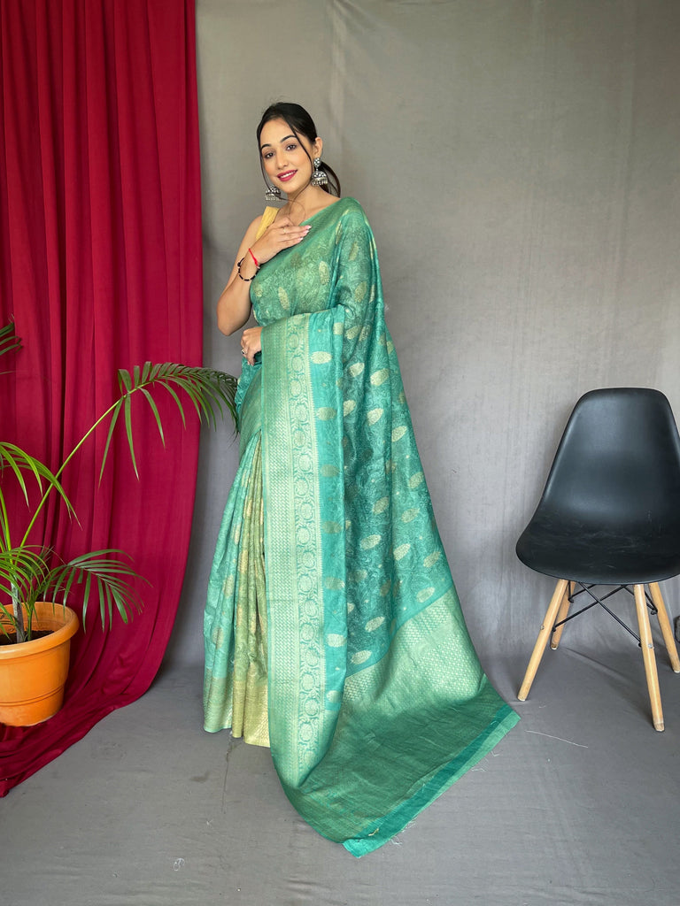 Green Cyan Banarasi Silk Dual Tone Woven Saree with Self Prints Clothsvilla